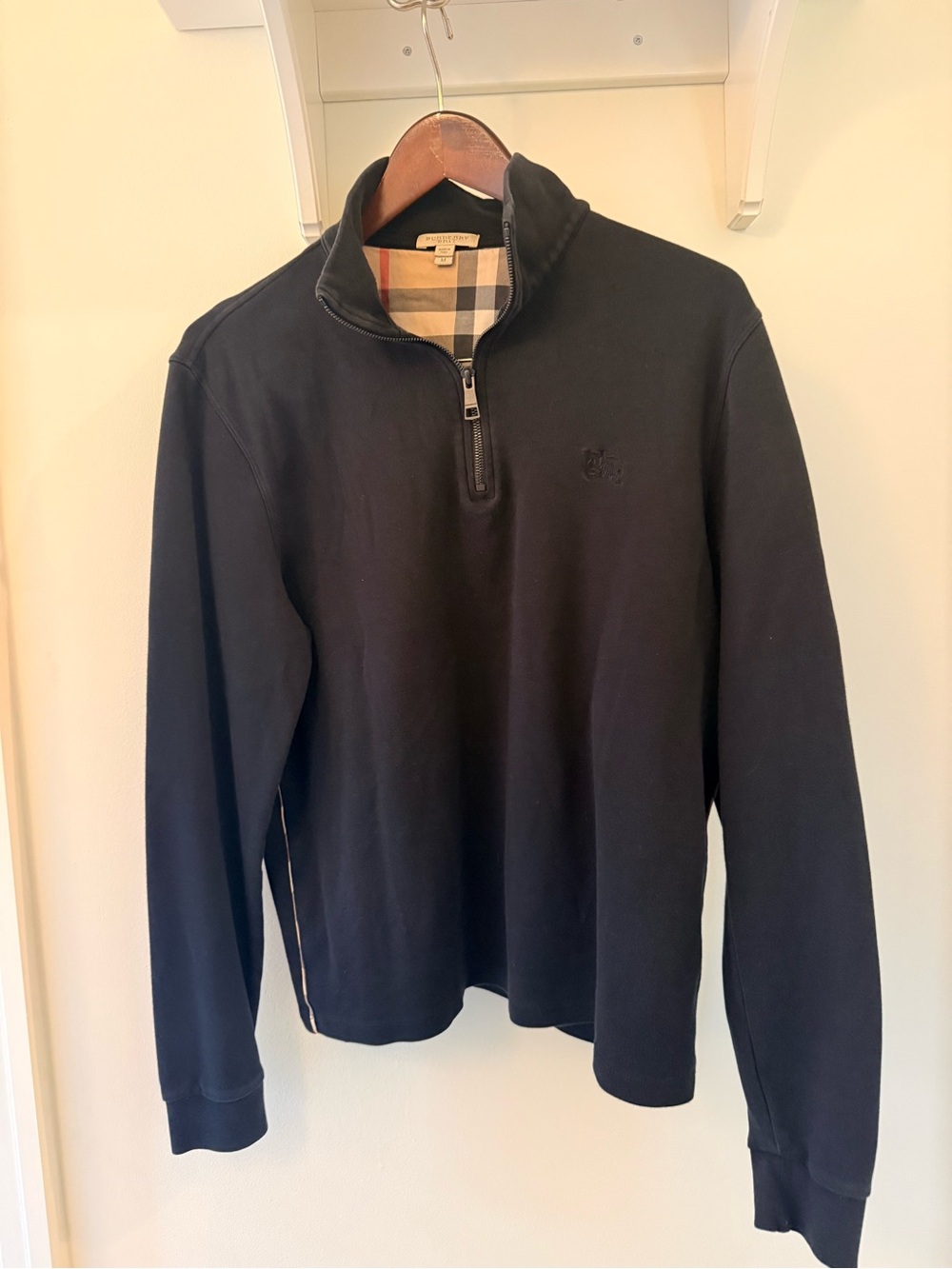 Burberry Black Men’s Quarter-Zip Sweater with Signature Check Collar